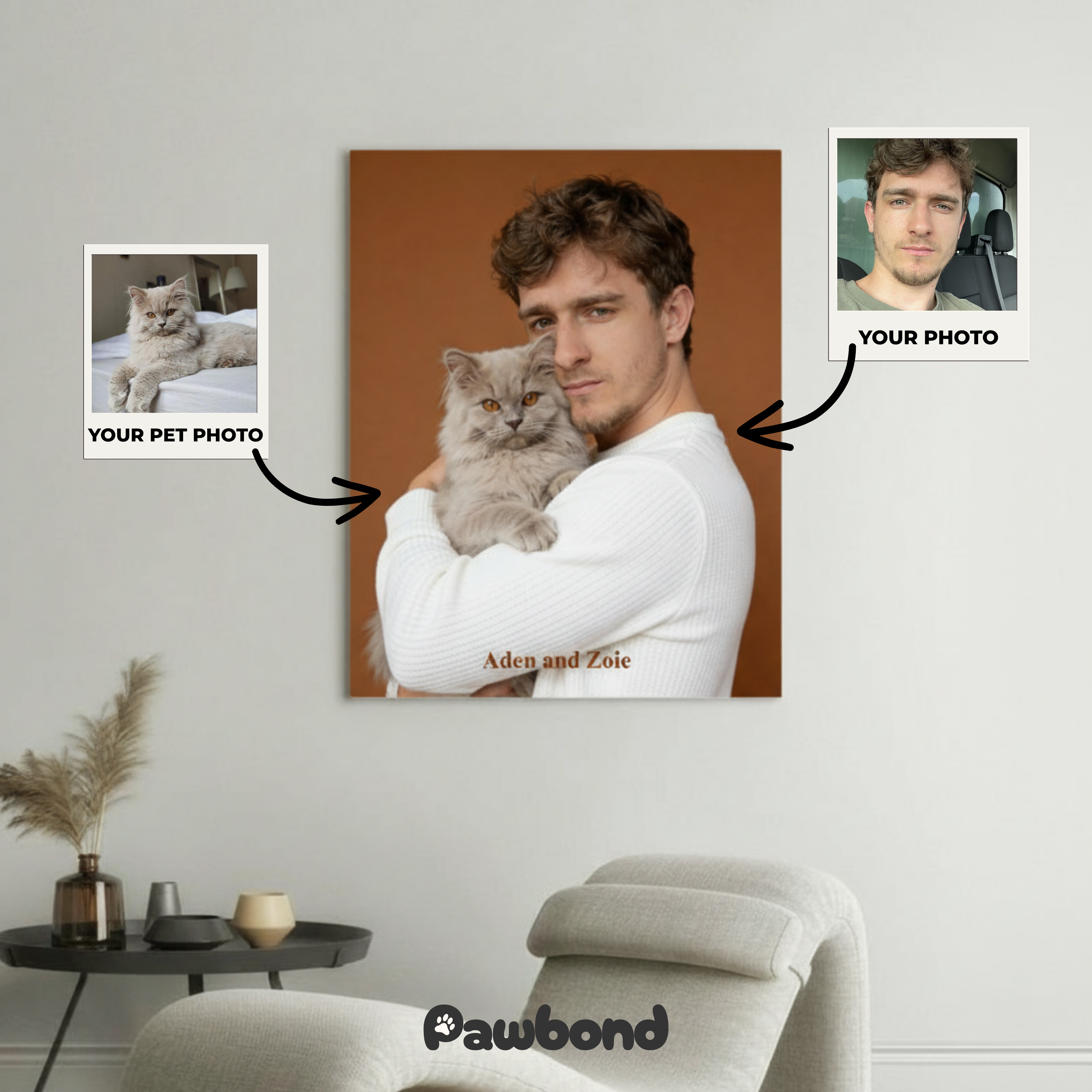 Custom Human & Pet Portrait Caramel Mocha Embrace Portrait - Personalized High-Resolution Matte Print for Wall Art, Home Decor, or Unique Gifts for Pet Lovers (Frame Not Included)