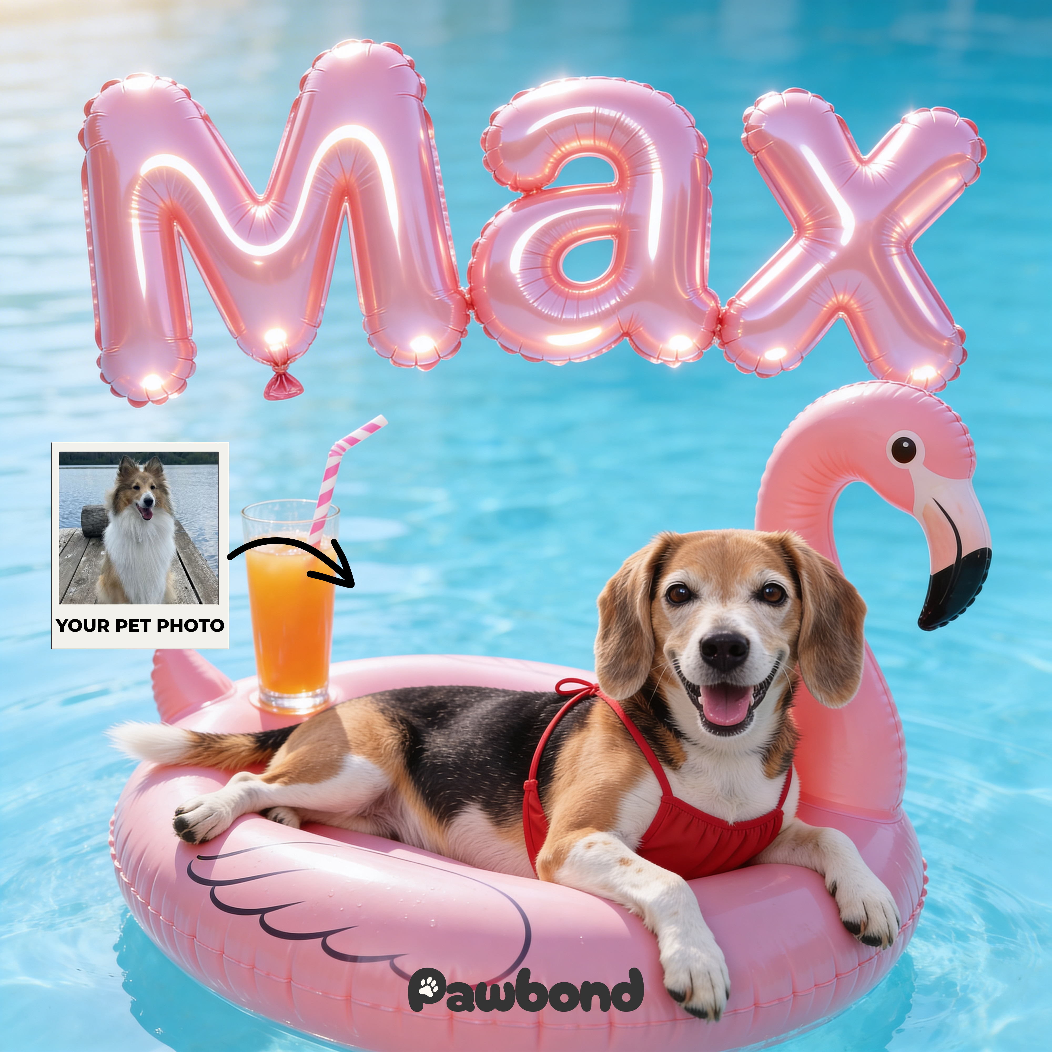 Custom Pet Poster Pink Paradise Float Portrait – Personalized High-Resolution Matte Print for Wall Art, Home Decor, or Unique Gifts for Pet Lovers (Frame Not Included)