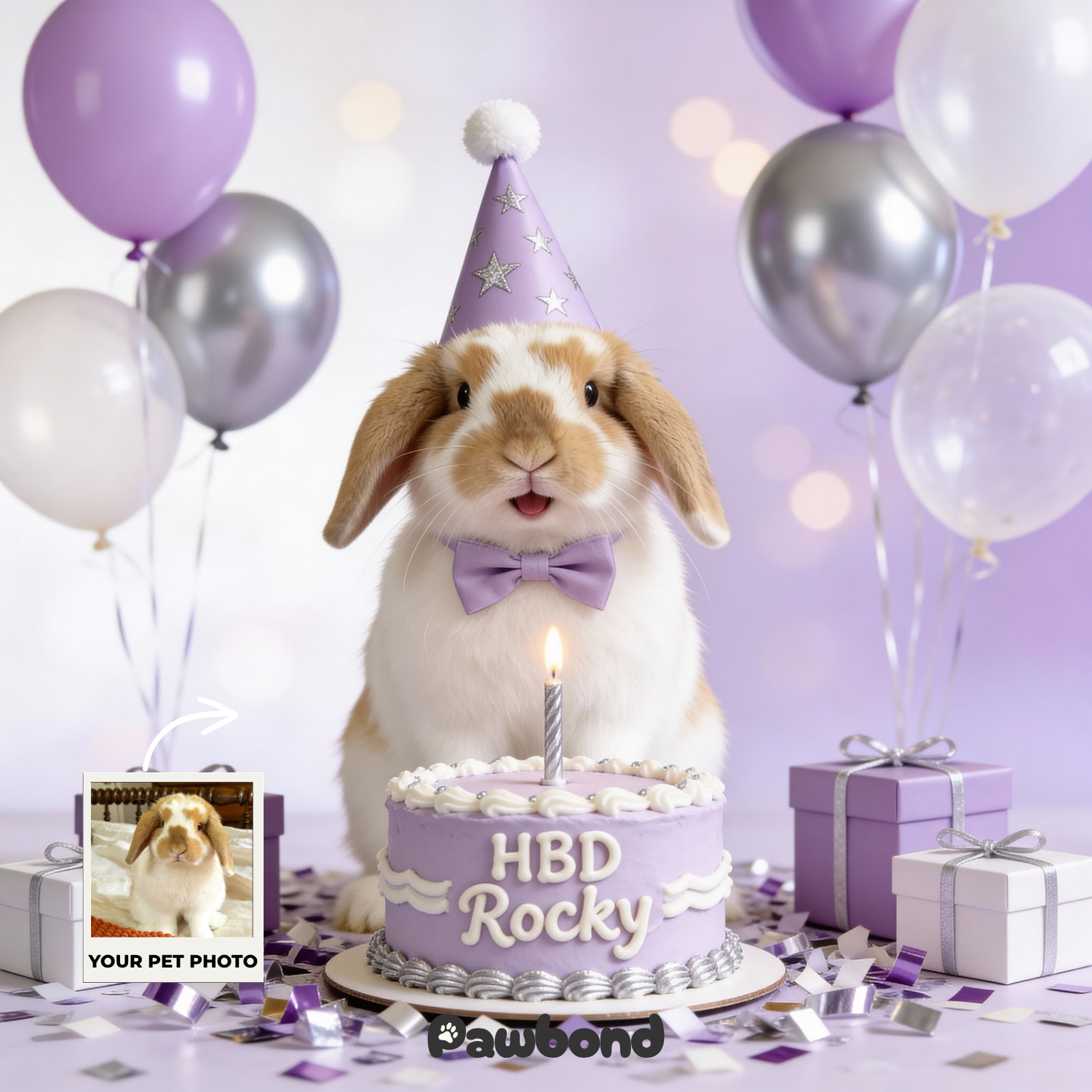 Custom Pet Poster Birthday Celebration Portrait with Purple Background – Personalized High-Resolution Matte Print for Wall Art, Home Decor, or Unique Gifts for Pet Lovers (Frame Not Included)