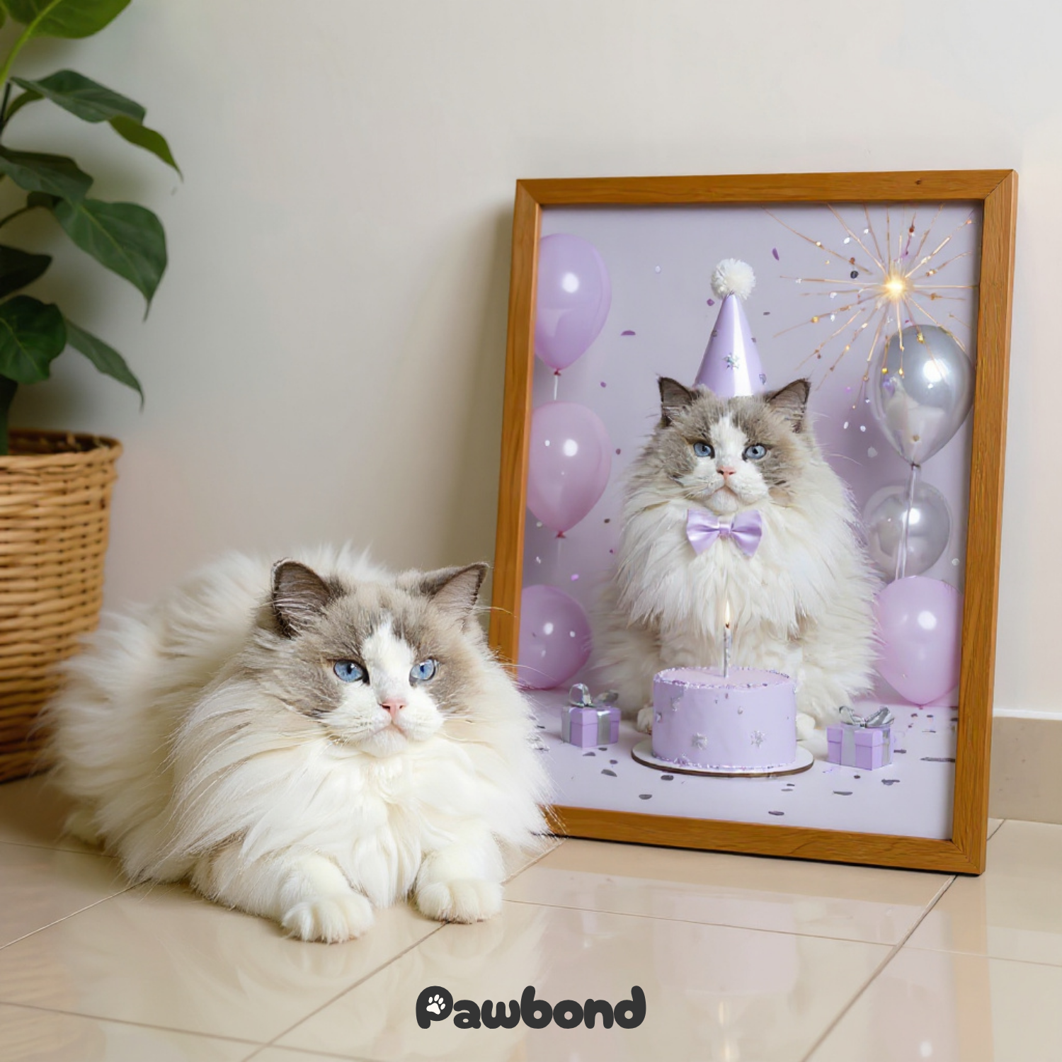 Custom Pet Poster Birthday Celebration Portrait with Purple Background – Personalized High-Resolution Matte Print for Wall Art, Home Decor, or Unique Gifts for Pet Lovers (Frame Not Included)