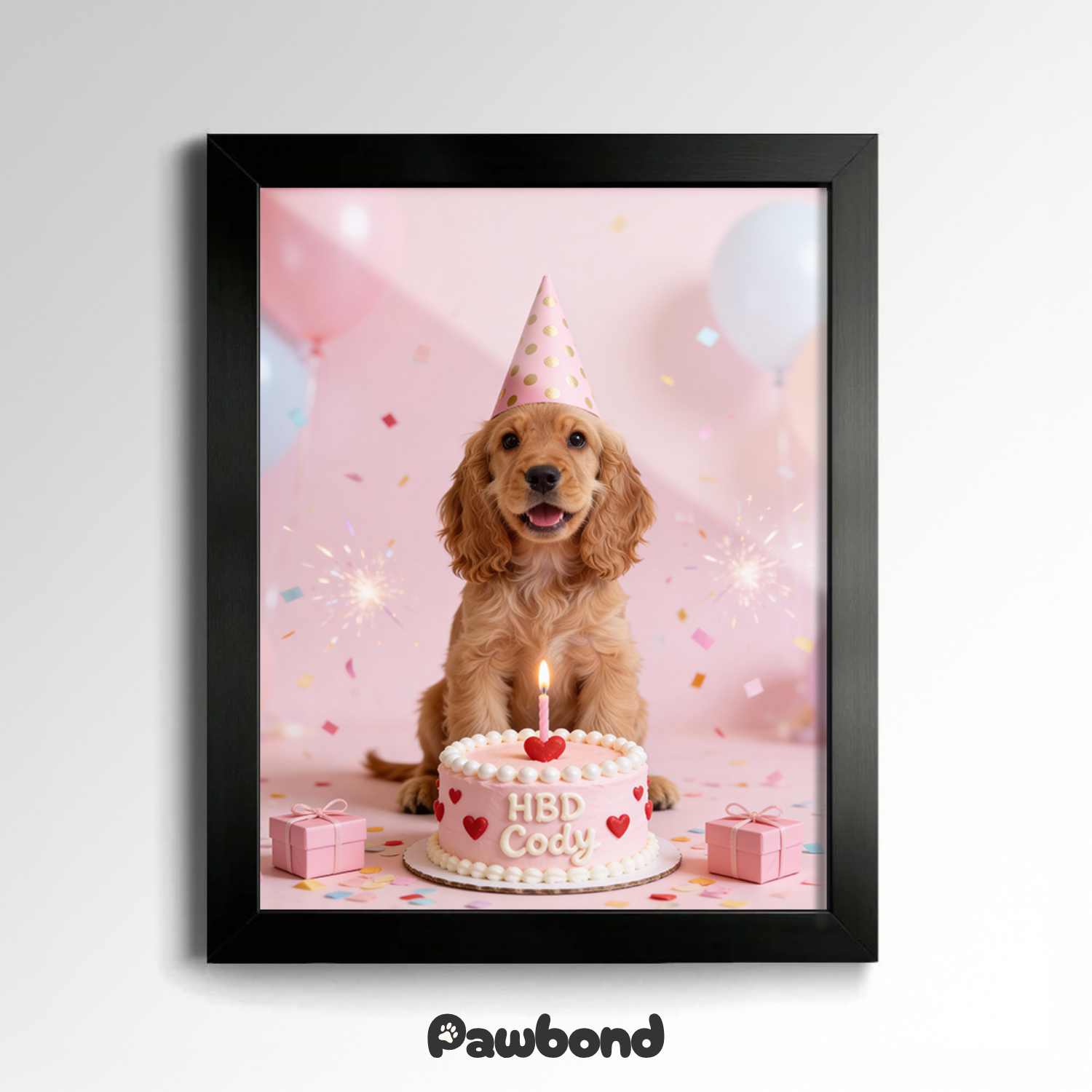 Custom Pet Poster Birthday Celebration Portrait with Pink Background – Personalized High-Resolution Matte Print for Wall Art, Home Decor, or Unique Gifts for Pet Lovers (Frame Not Included)