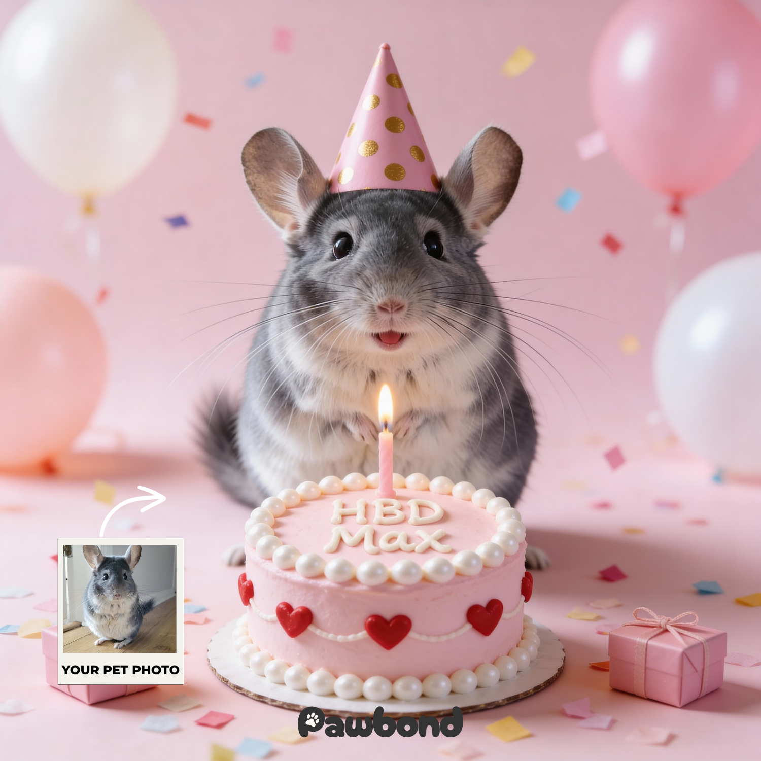 Custom Pet Poster Birthday Celebration Portrait with Pink Background – Personalized High-Resolution Matte Print for Wall Art, Home Decor, or Unique Gifts for Pet Lovers (Frame Not Included)