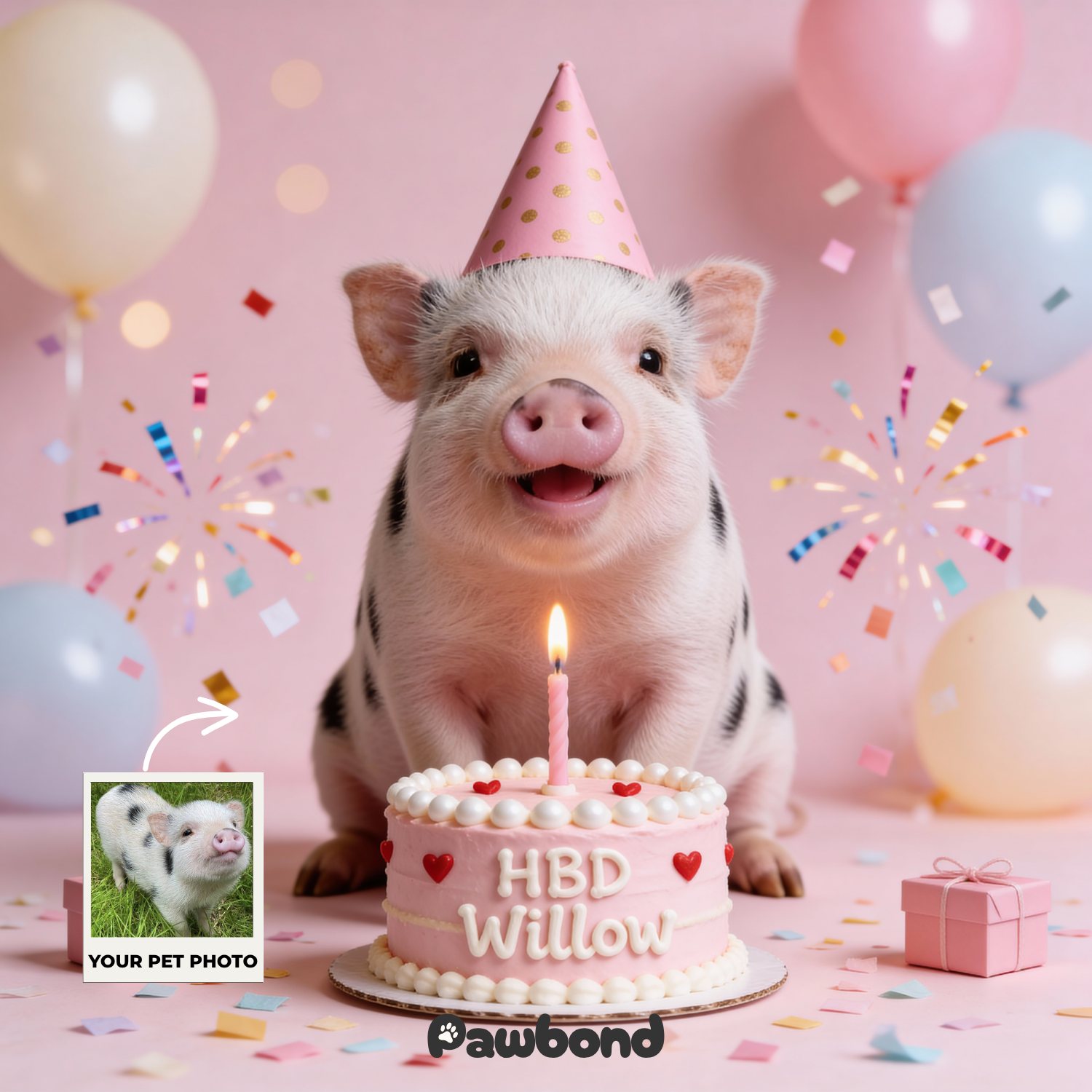 Custom Pet Poster Birthday Celebration Portrait with Pink Background – Personalized High-Resolution Matte Print for Wall Art, Home Decor, or Unique Gifts for Pet Lovers (Frame Not Included)