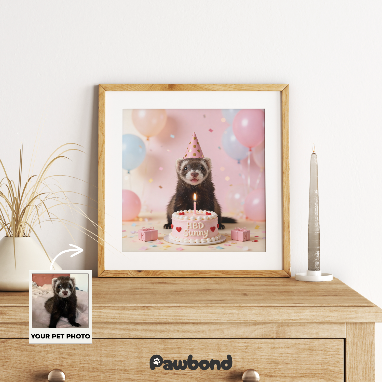 Custom Pet Poster Birthday Celebration Portrait with Pink Background – Personalized High-Resolution Matte Print for Wall Art, Home Decor, or Unique Gifts for Pet Lovers (Frame Not Included)