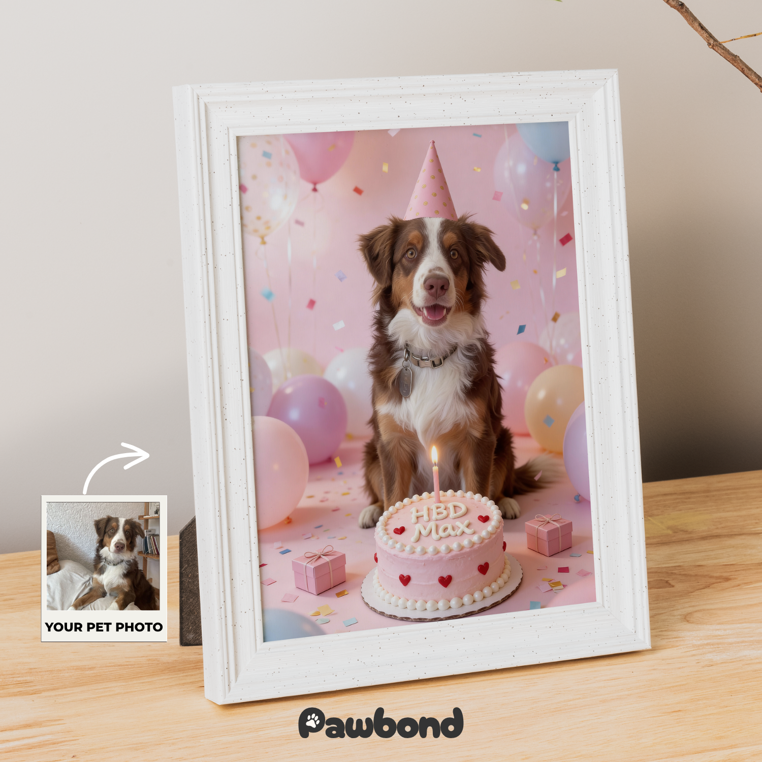 Custom Pet Poster Birthday Celebration Portrait with Pink Background – Personalized High-Resolution Matte Print for Wall Art, Home Decor, or Unique Gifts for Pet Lovers (Frame Not Included)