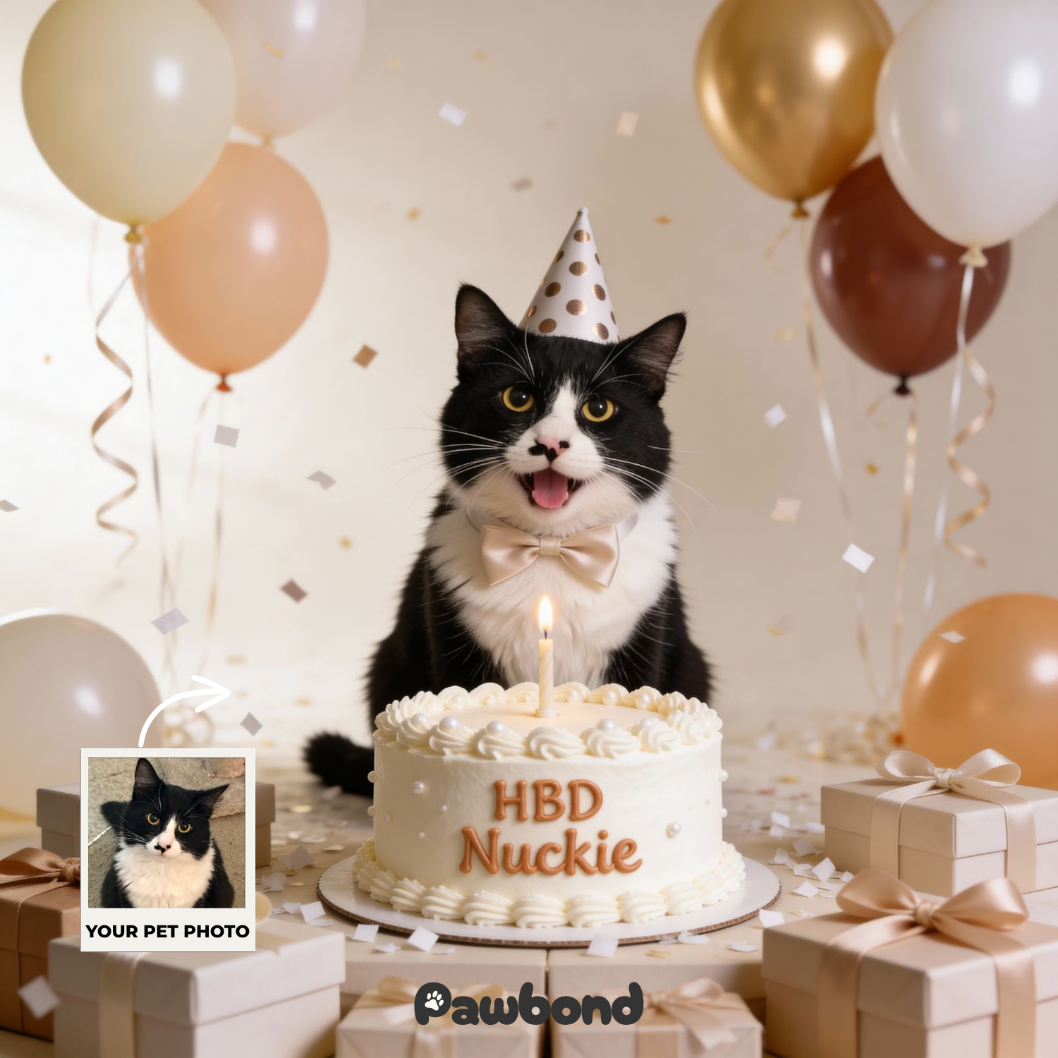 Custom Pet Poster Birthday Celebration Portrait with Beige Background – Personalized High-Resolution Matte Print for Wall Art, Home Decor, or Unique Gifts for Pet Lovers (Frame Not Included)