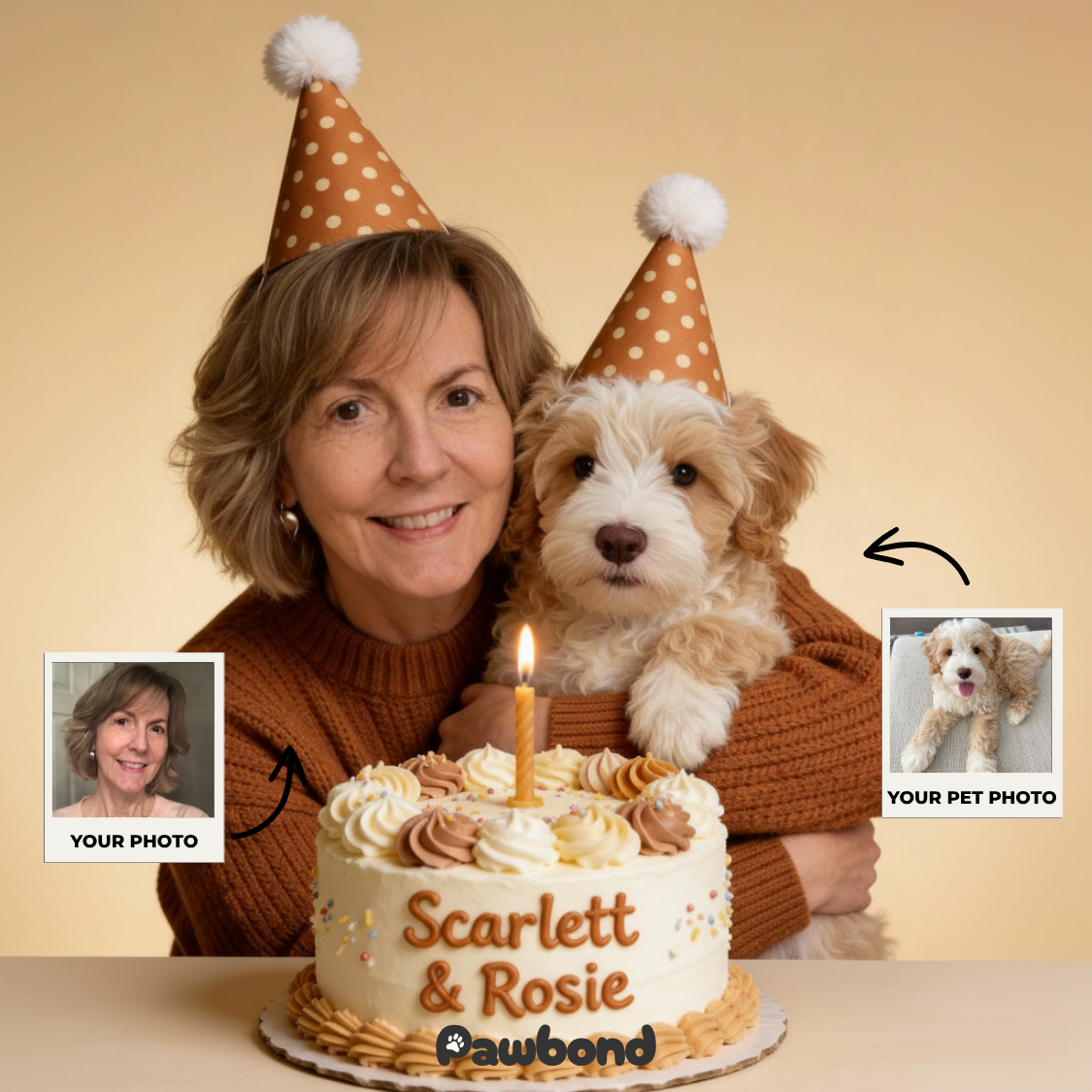 Custom Human & Pet Portrait Birthday Studio Beige Theme Portrait - Personalized High-Resolution Matte Print for Wall Art, Home Decor, or Unique Gifts for Pet Lovers (Frame Not Included)