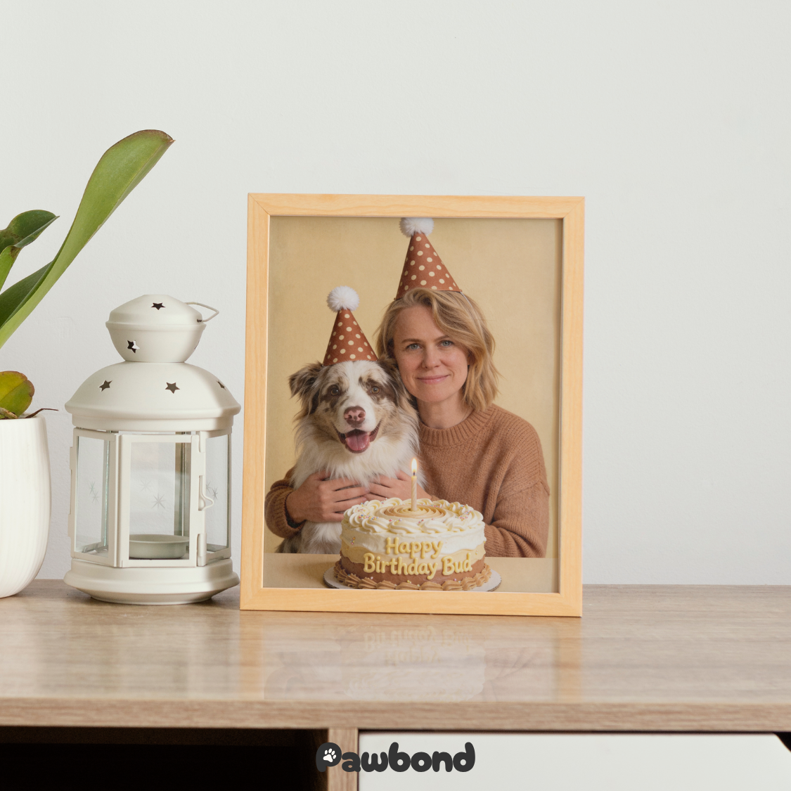 Custom Human & Pet Portrait Birthday Studio Beige Theme Portrait - Personalized High-Resolution Matte Print for Wall Art, Home Decor, or Unique Gifts for Pet Lovers (Frame Not Included)
