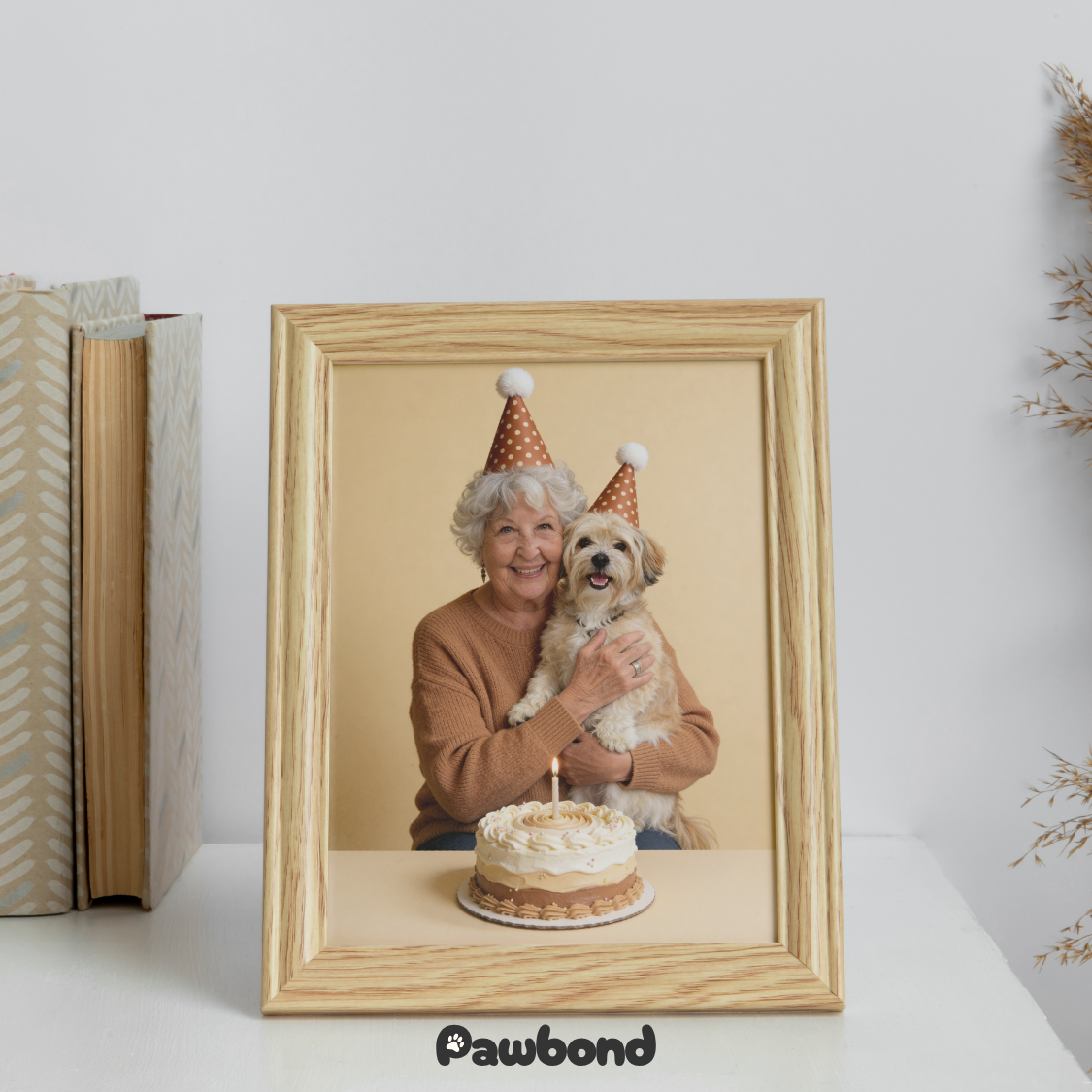 Custom Human & Pet Portrait Birthday Studio Beige Theme Portrait - Personalized High-Resolution Matte Print for Wall Art, Home Decor, or Unique Gifts for Pet Lovers (Frame Not Included)