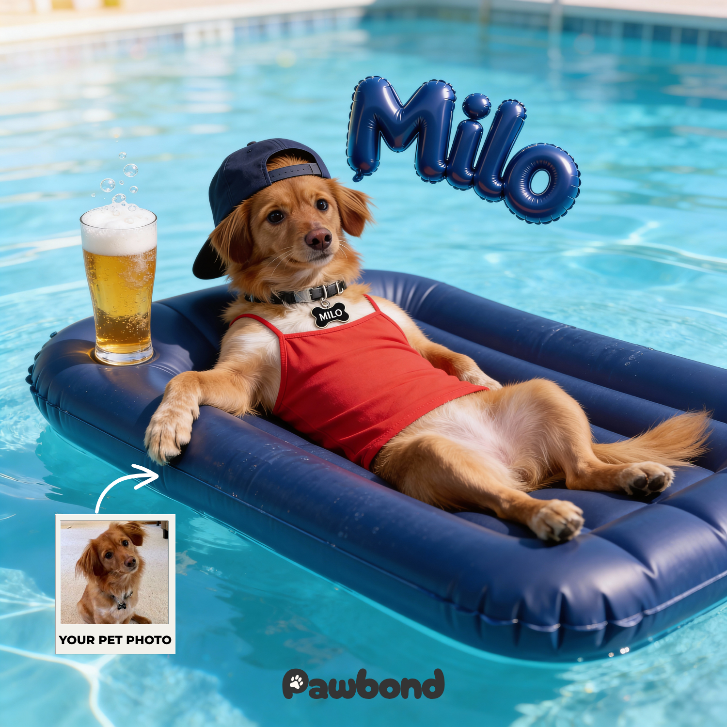 Custom Pet Poster Poolside Sunshine Portrait – Personalized High-Resolution Matte Print for Wall Art, Home Decor, or Unique Gifts for Pet Lovers (Frame Not Included)
