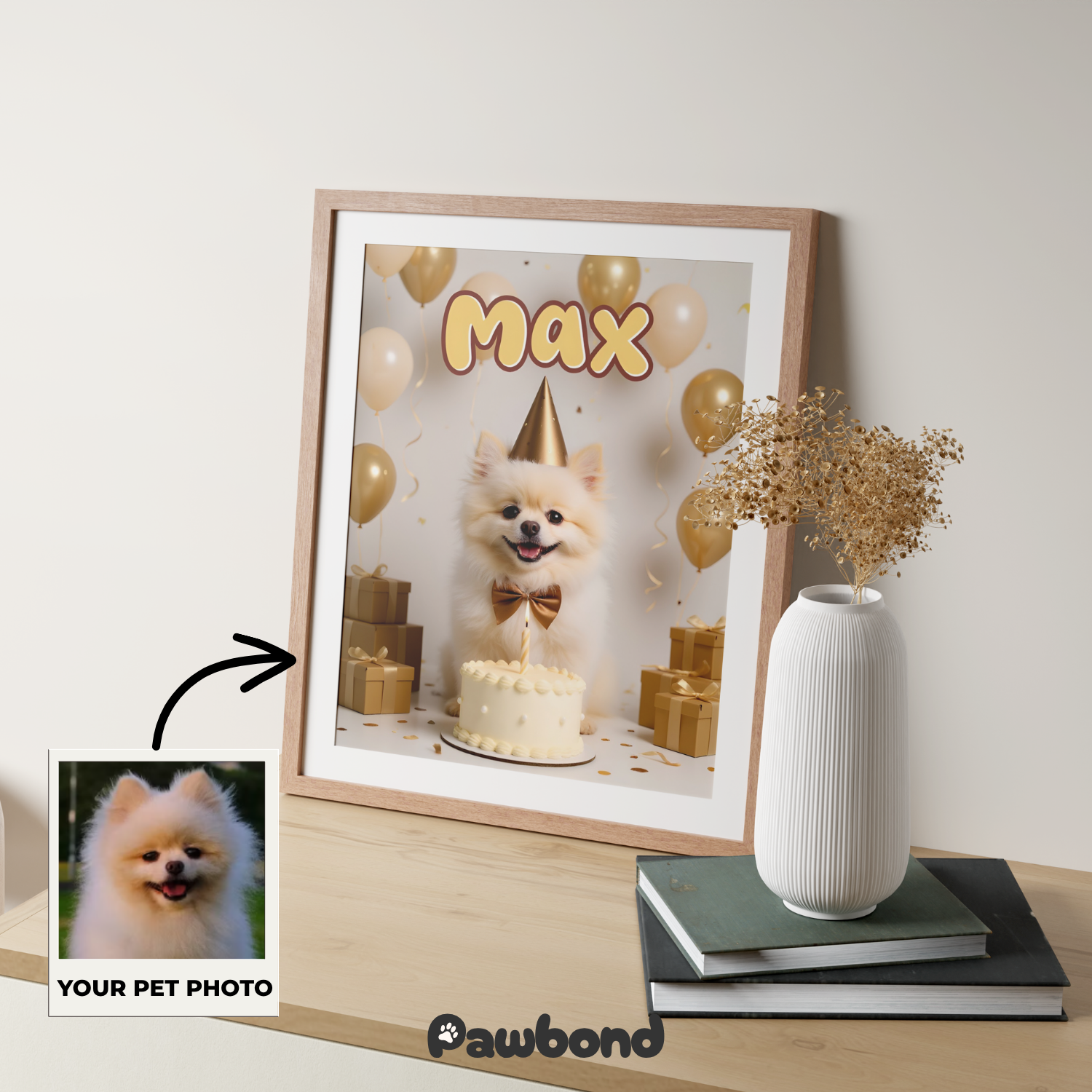 Custom Pet Poster Birthday Celebration Portrait with Beige Background – Personalized High-Resolution Matte Print for Wall Art, Home Decor, or Unique Gifts for Pet Lovers (Frame Not Included)
