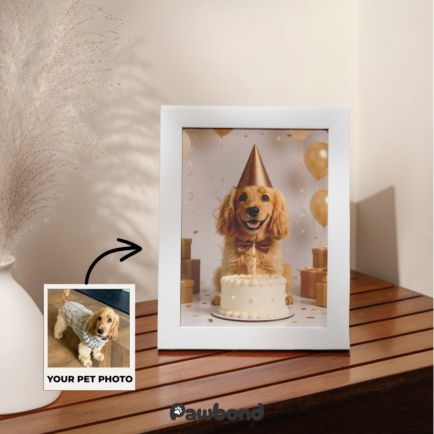 Custom Pet Poster Birthday Celebration Portrait with Beige Background – Personalized High-Resolution Matte Print for Wall Art, Home Decor, or Unique Gifts for Pet Lovers (Frame Not Included)