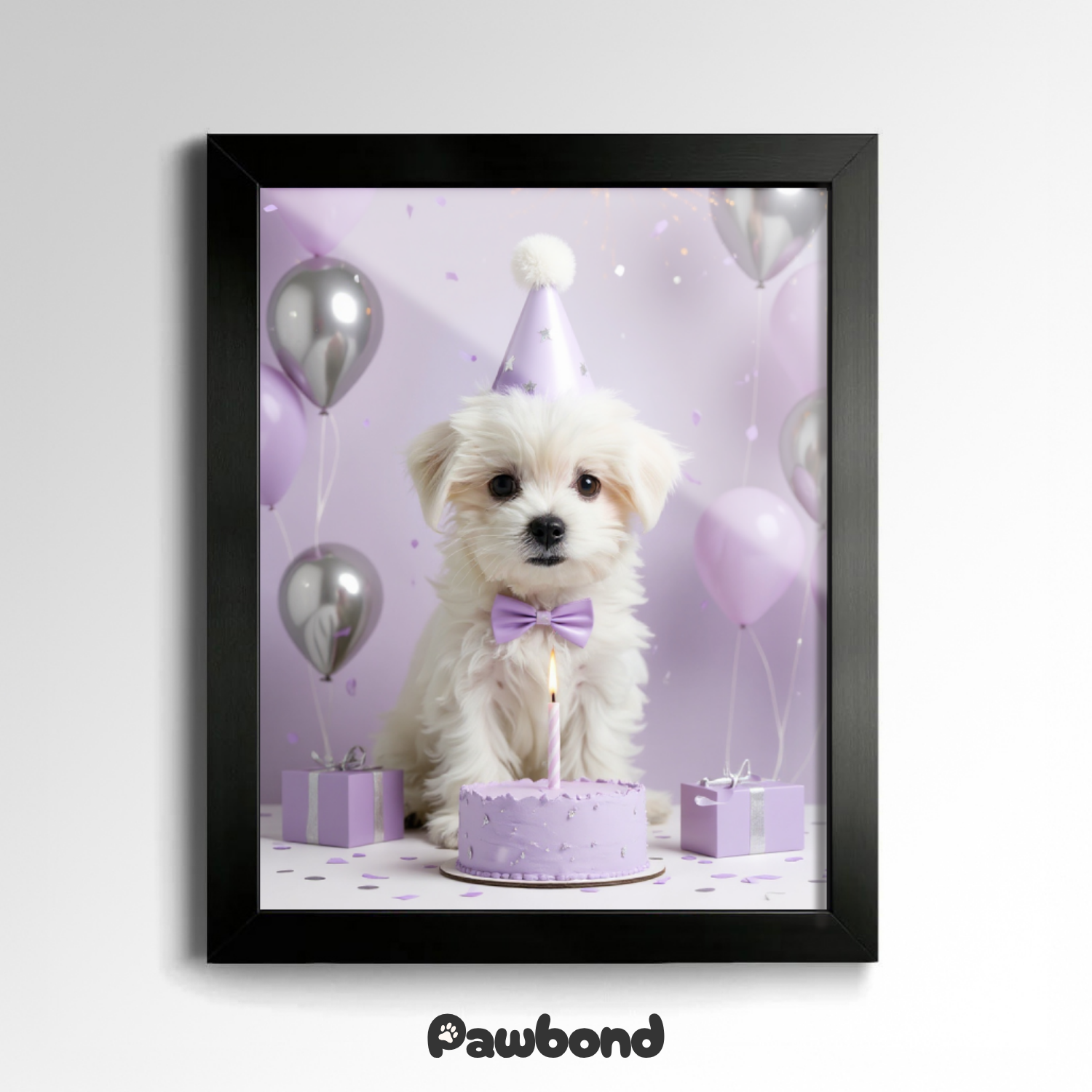 Custom Pet Poster Birthday Celebration Portrait with Purple Background – Personalized High-Resolution Matte Print for Wall Art, Home Decor, or Unique Gifts for Pet Lovers (Frame Not Included)