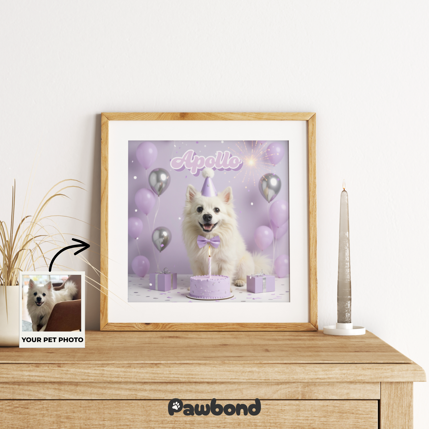Custom Pet Poster Birthday Celebration Portrait with Purple Background – Personalized High-Resolution Matte Print for Wall Art, Home Decor, or Unique Gifts for Pet Lovers (Frame Not Included)